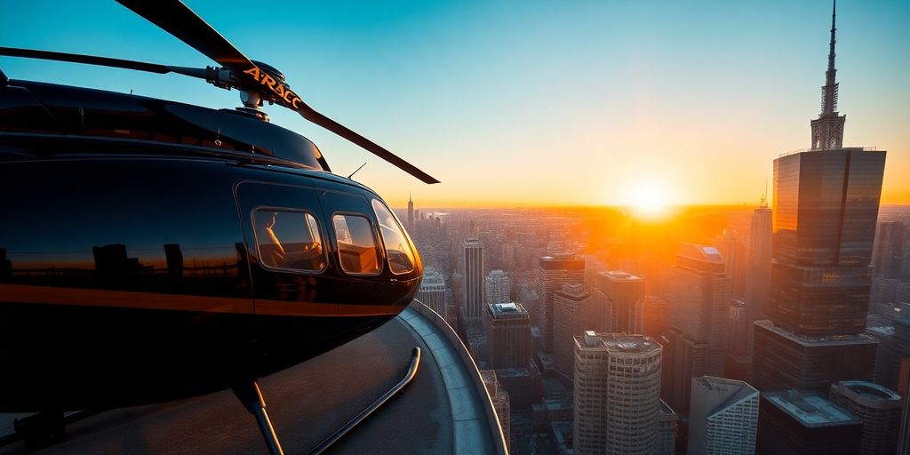 A sleek black helicopter on a city rooftop at sunset.
