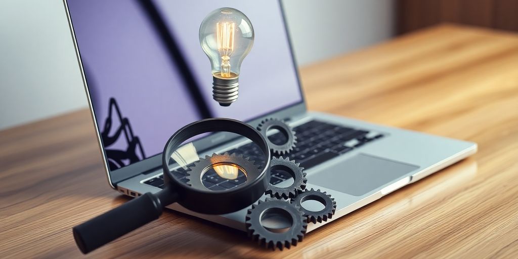 Laptop, magnifying glass, gears, and a lightbulb.