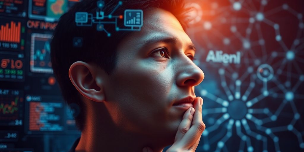 Person pondering with digital neural networks in background.