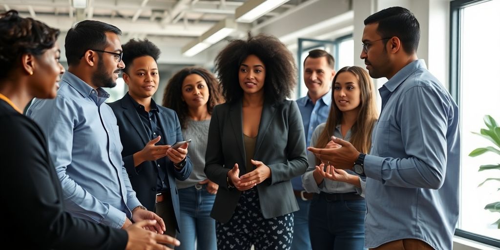 Diverse professionals collaborating in a modern office setting.