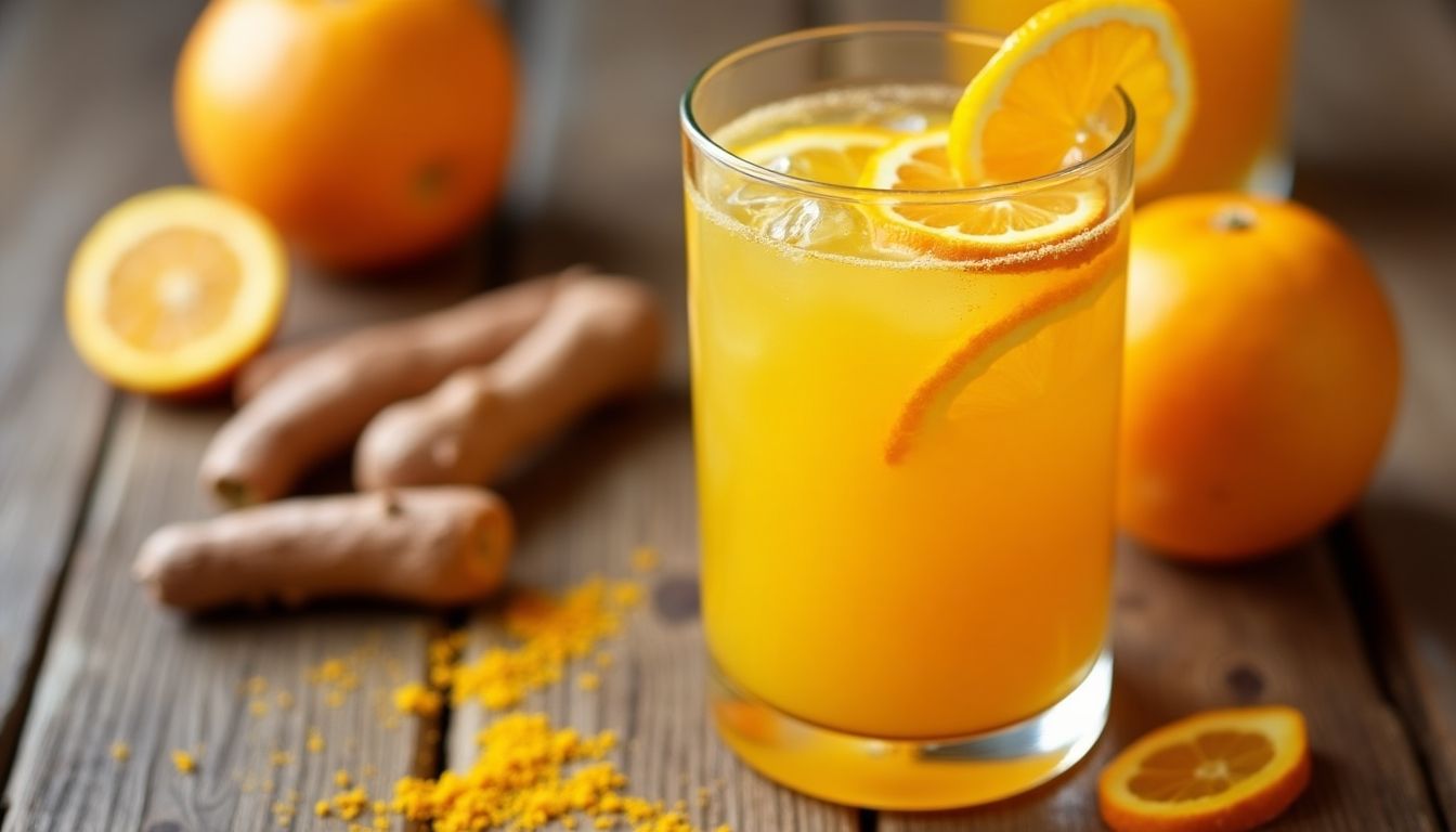 Tangerine and turmeric tonic in a glass with garnishes.