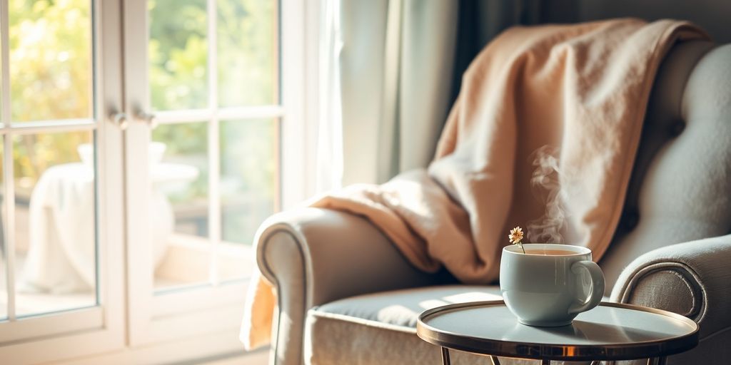Peaceful sanctuary, soft light, cozy, serene.