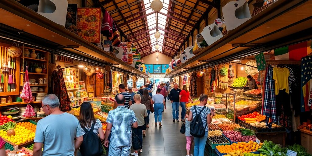 Indoor market in Athens with colorful stalls and shoppers.