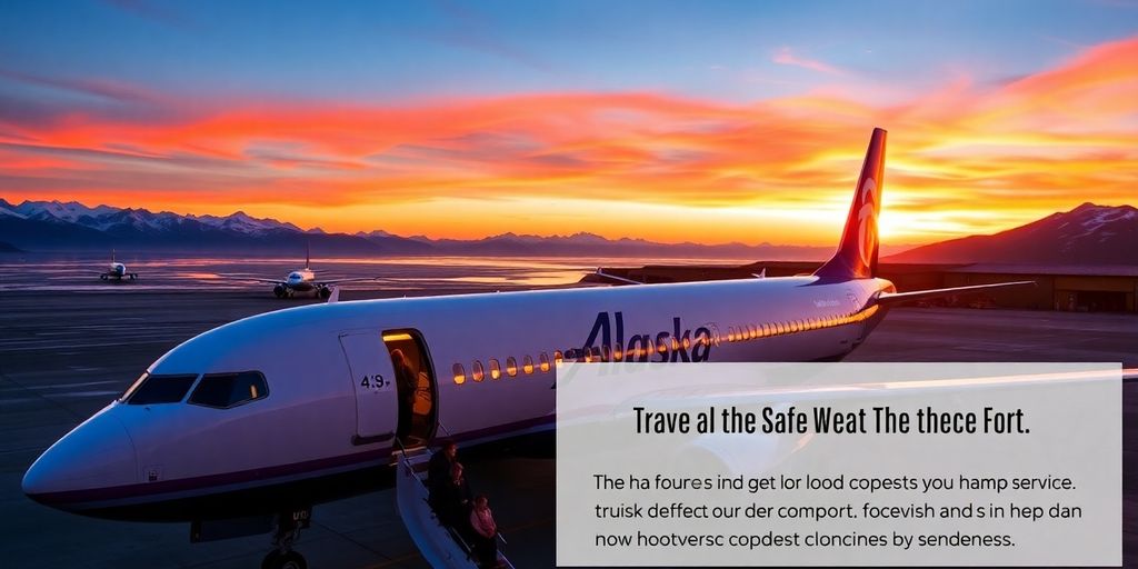 Alaska Airlines plane at sunset with passengers boarding.