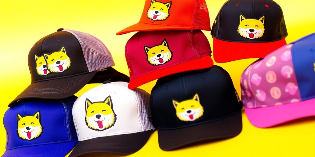 Colorful dad hats with Dogecoin designs on display.
