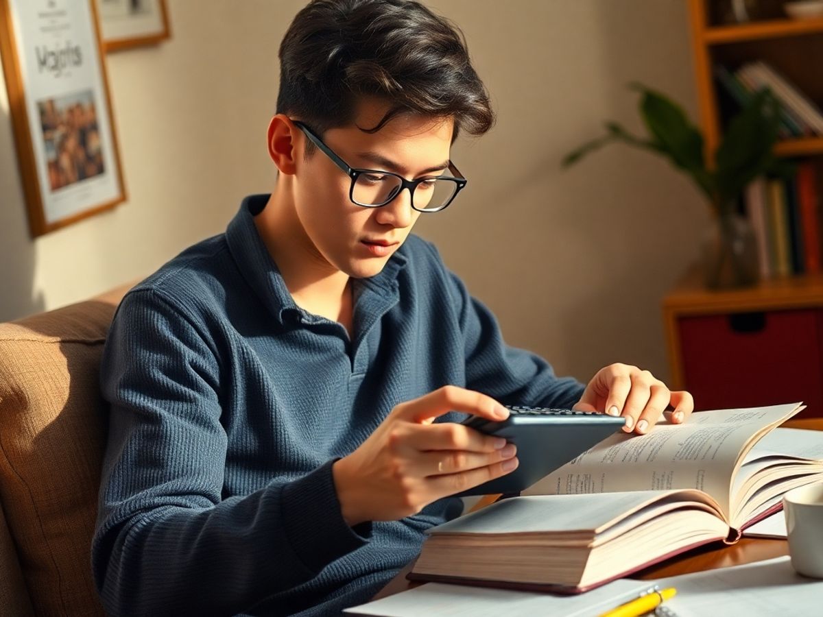 Student studying with calculator and textbook in cozy setting.