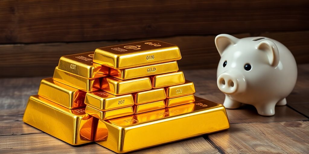 Lingots d'or empilés sur une table en bois, tirelire cochon