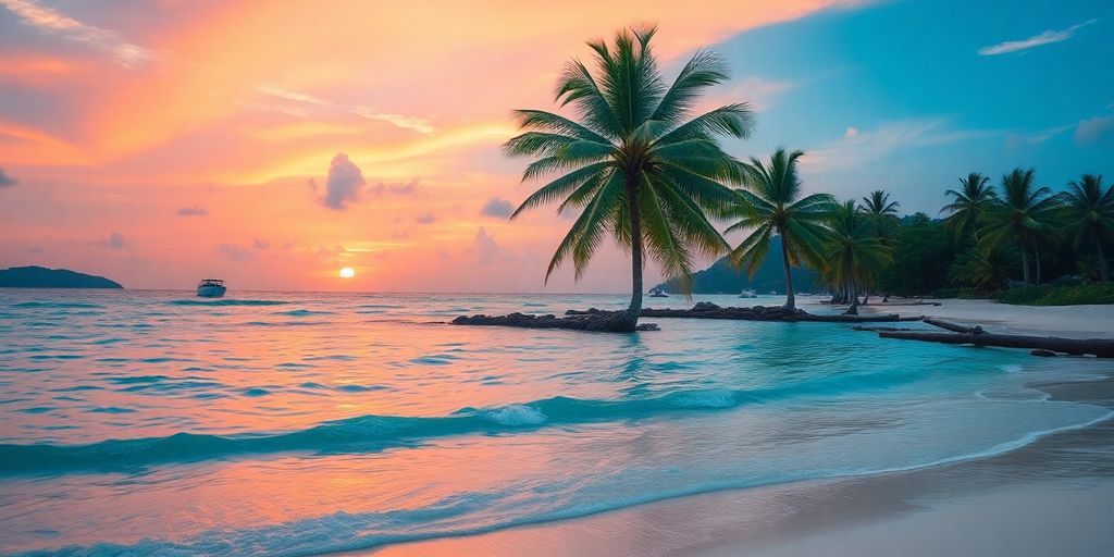 Koh Samui beach at sunset with palm trees.