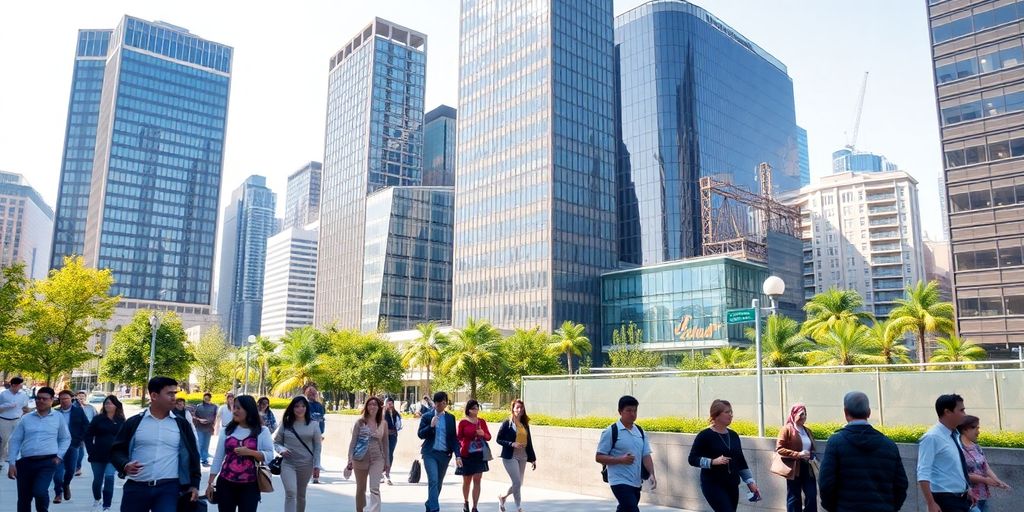 Office building, people walking, cityscape