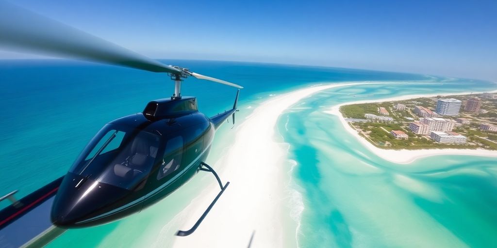 Helicopter soaring above Destin, Florida coastline, clear sky.
