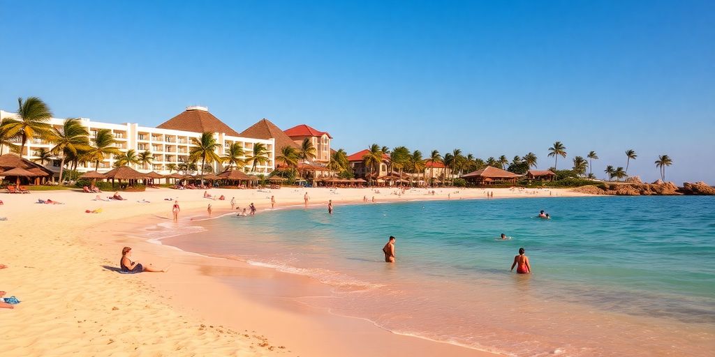 Beach scene at Playa Grande Resort with families enjoying.