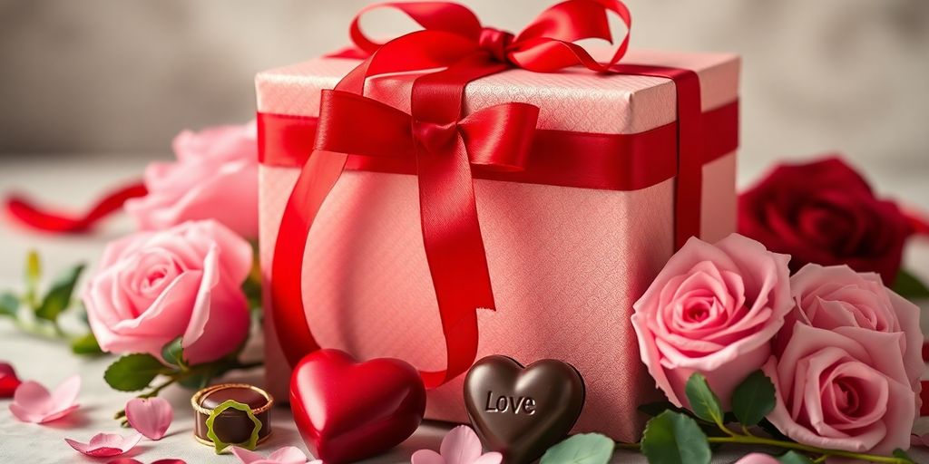 Luxury gift box with roses and chocolates for Valentine's Day.