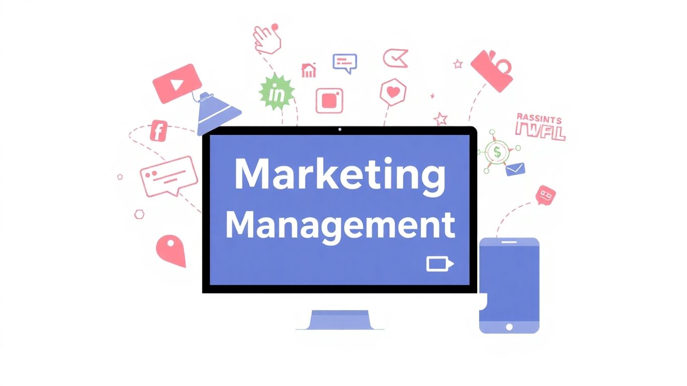 Illustrasjon av digital markedsføring med moderne enheter.