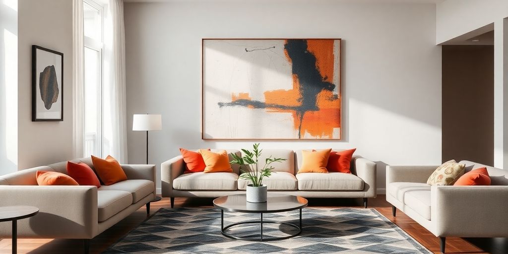 Modern living room, abstract wall art