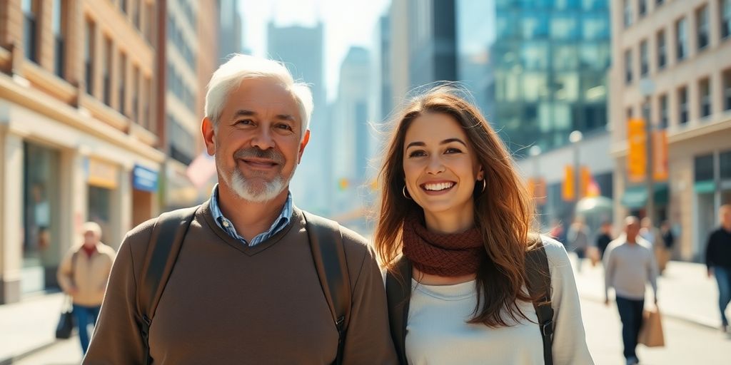Happy couple, different ages, walking city street.