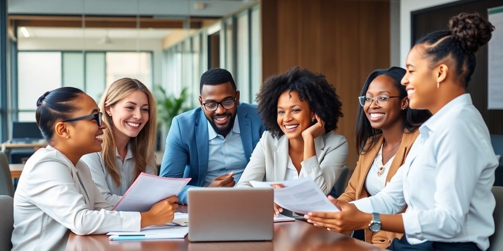 Diverse professionals collaborating in a business meeting.