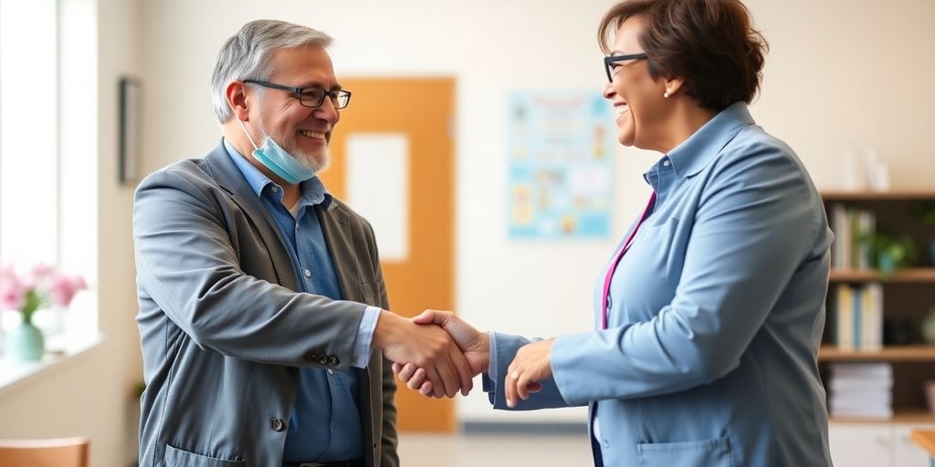 Dentist shaking hands with a school principal.
