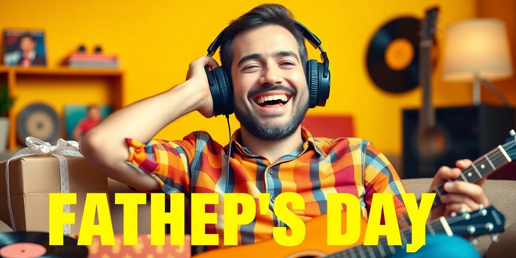 A dad enjoying music with gifts around him.