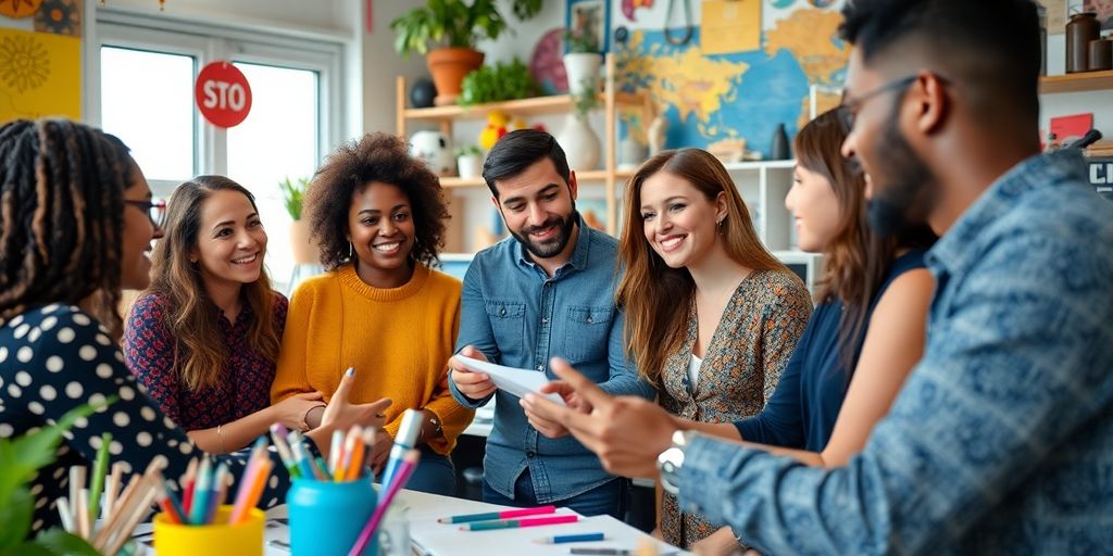 Group brainstorming in a colorful creative workspace.