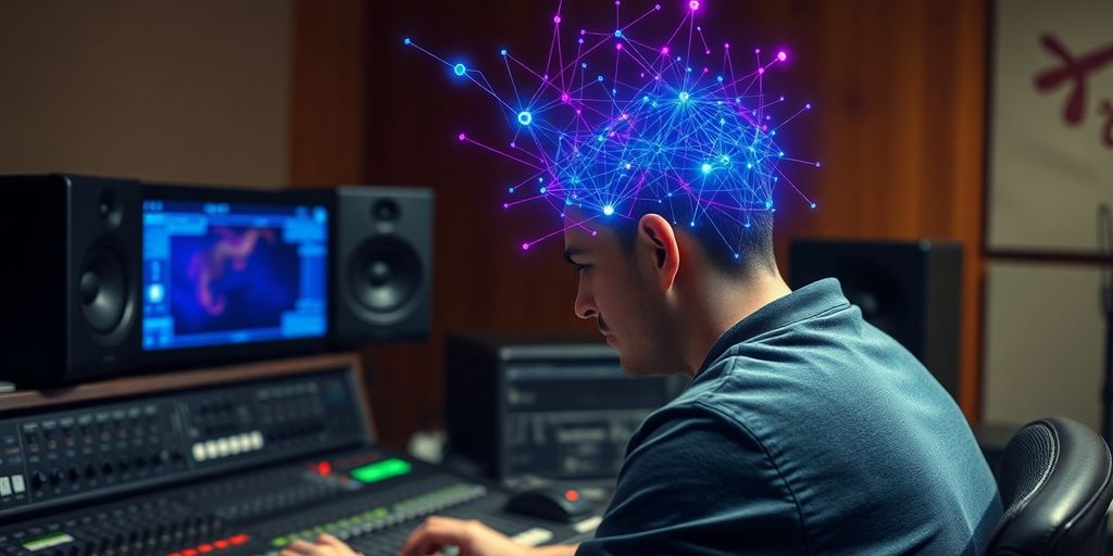 Producer using a mixing board with AI brain waves.