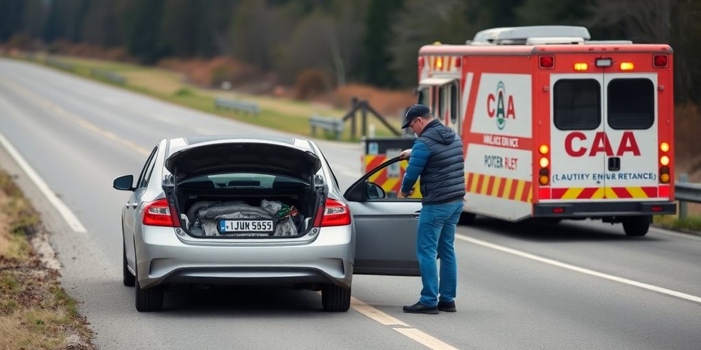 Car assistance by CAA in a roadside emergency situation.