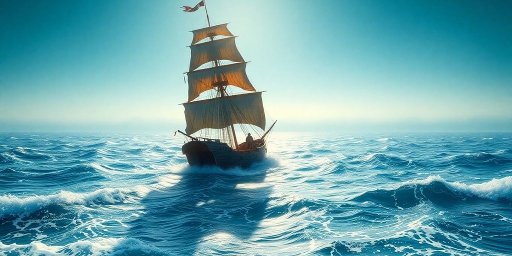 Pirate ship sailing on a vast ocean.