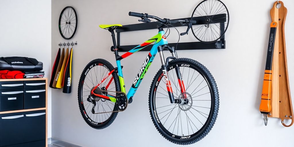 Wall mount bike rack with a mountain bike displayed.