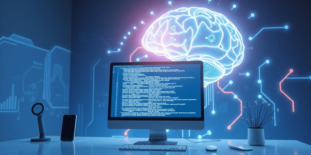 Futuristic workspace with AI and coding elements.