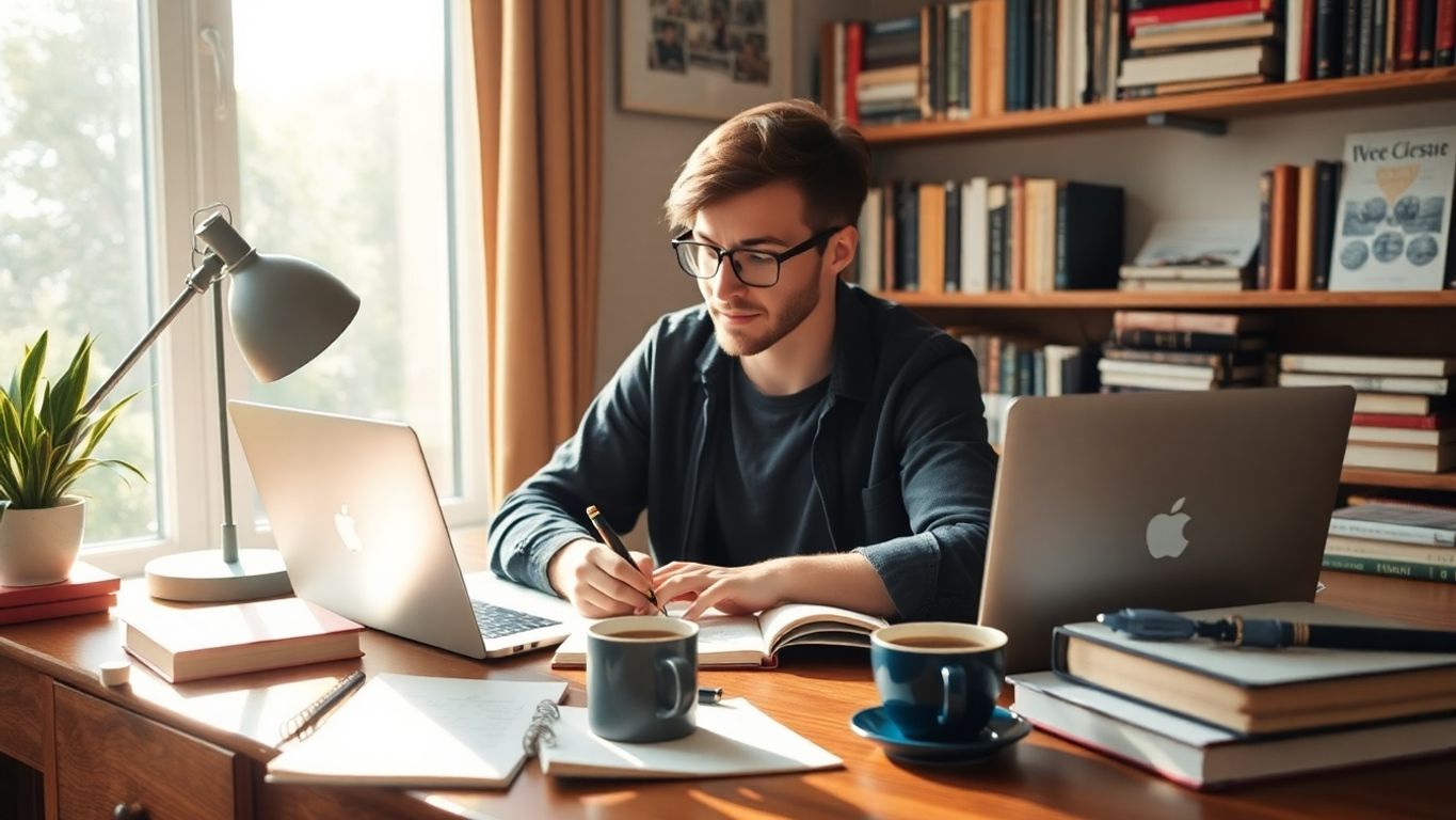 Freelance writer working at a cozy desk with books.