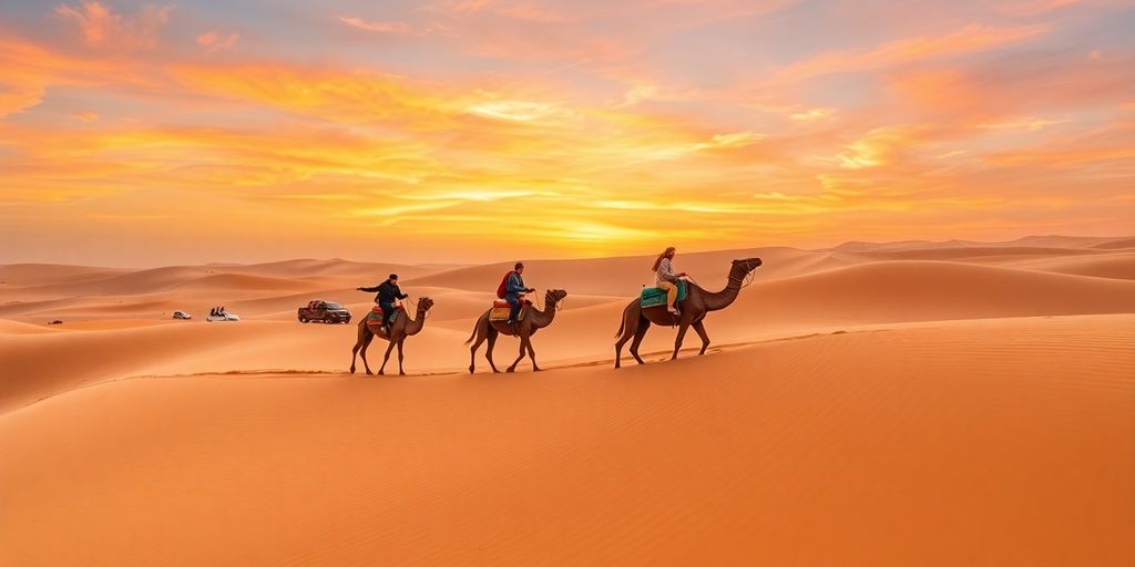 Group riding camels in Abu Dhabi desert at sunset.