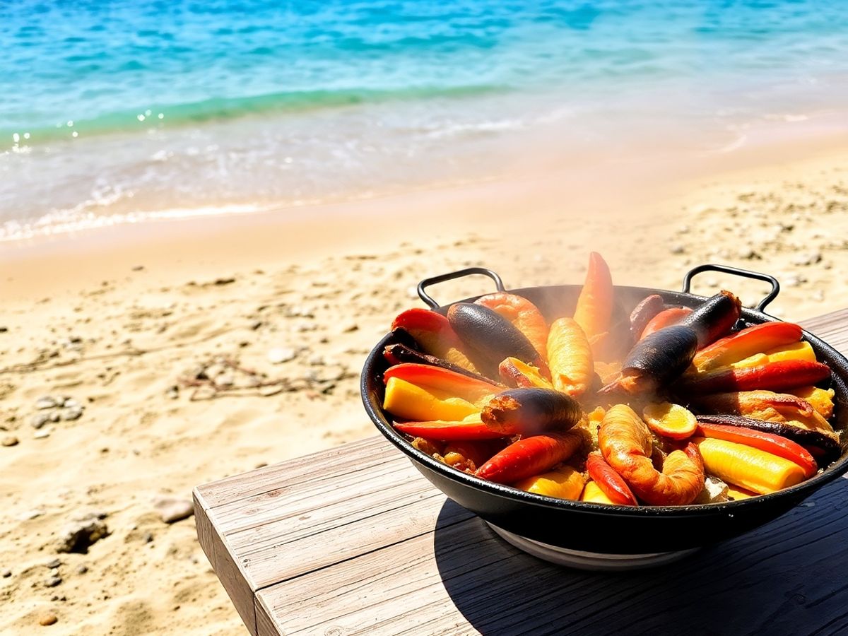 Un vibrante plato de paella con mariscos y arroz.