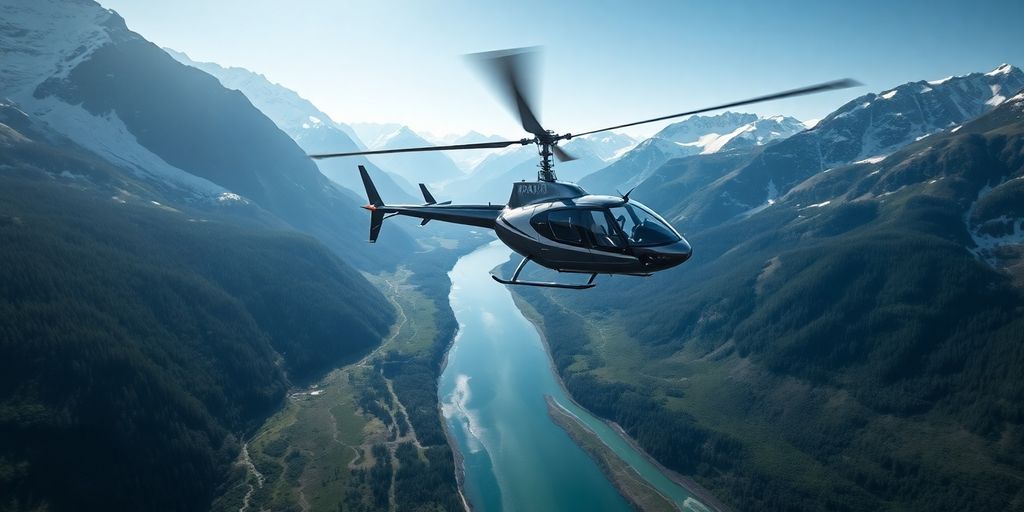 A modern helicopter flying over vast, snow-covered Alaskan mountains.