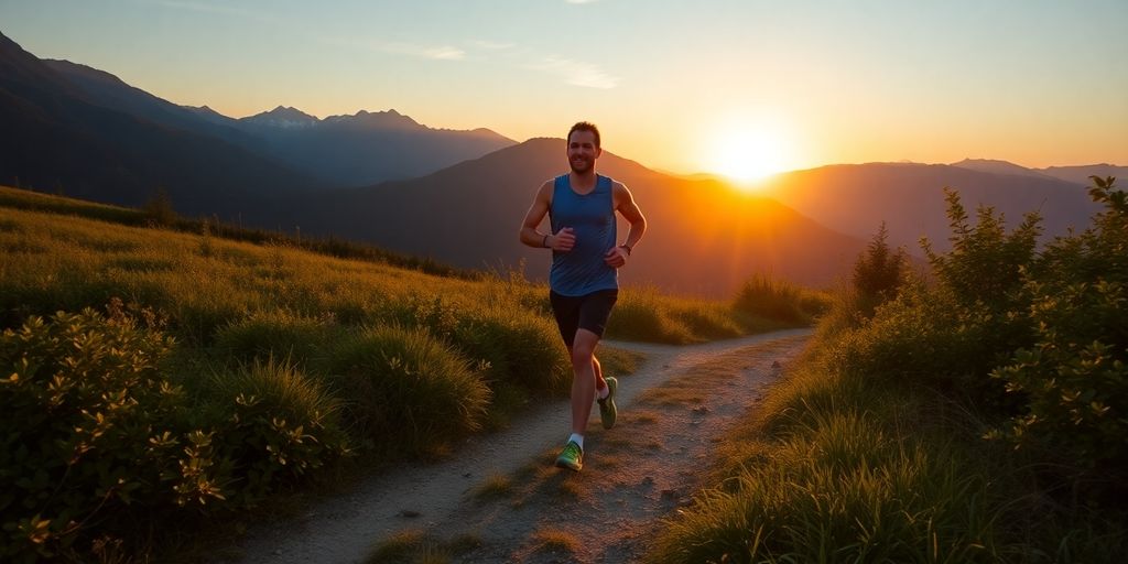 Runner on a scenic trail during sunset.