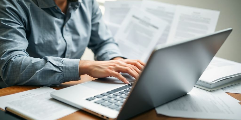 Translator working with documents on a laptop.