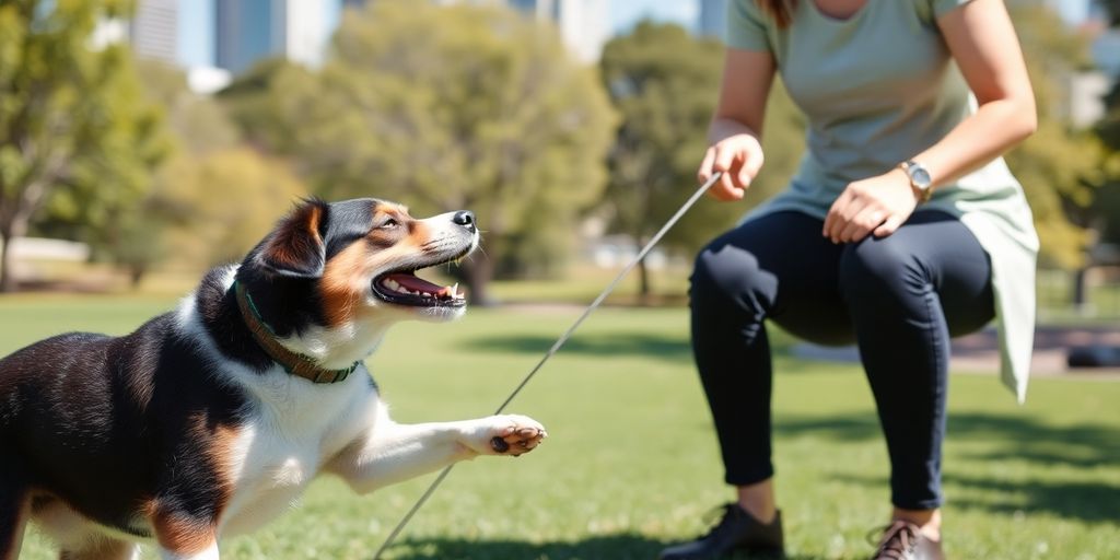Content dog playing happily with a person in Sydney park.