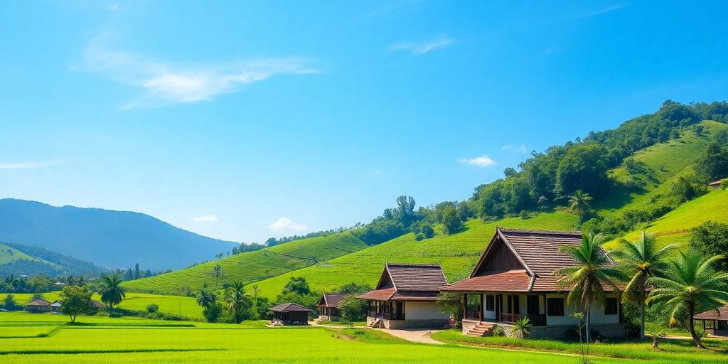 Lush green Thai landscapes with rice fields and houses.
