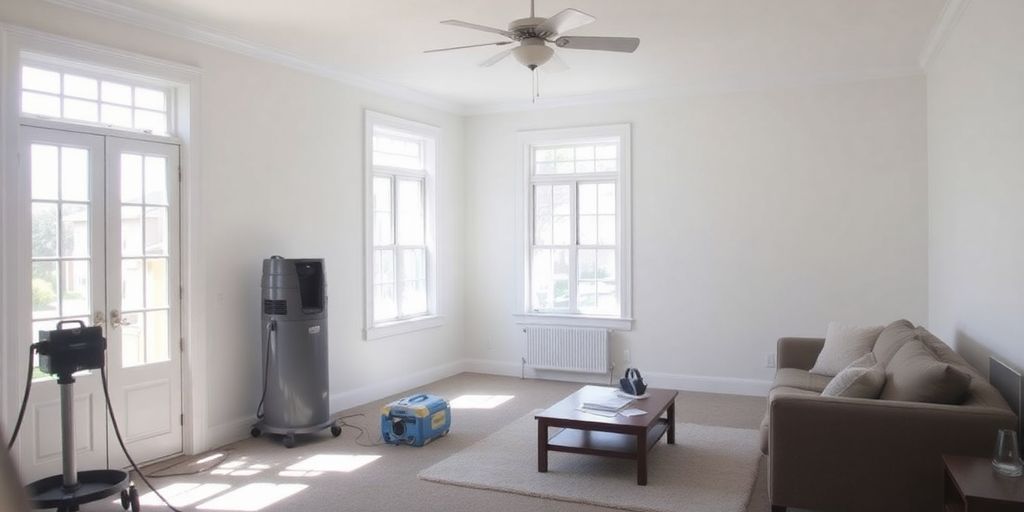 Restored room with drying equipment after water damage.