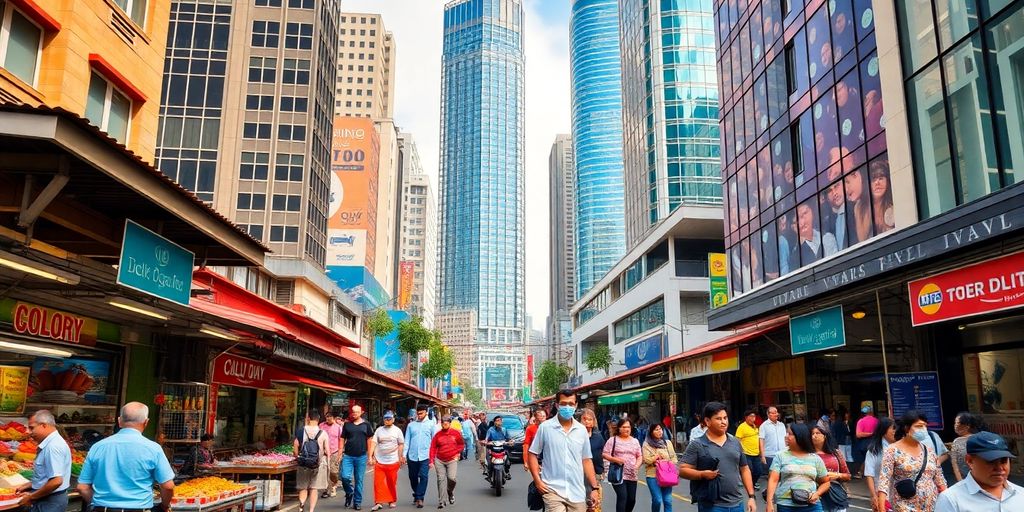 Jakarta street scene with skyscrapers and local market.