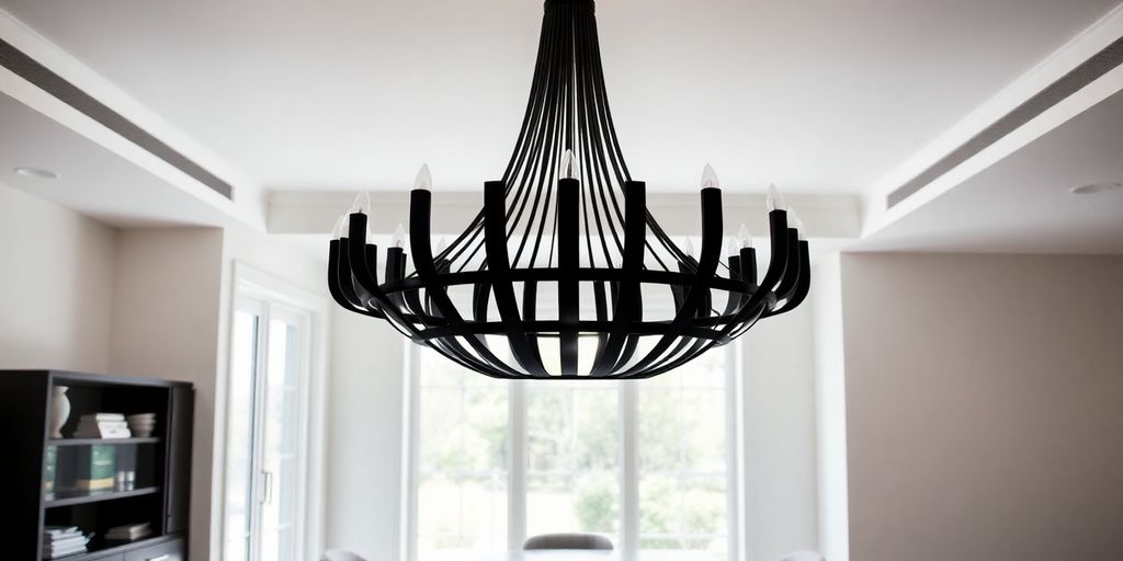 Sleek black chandelier in modern dining room.