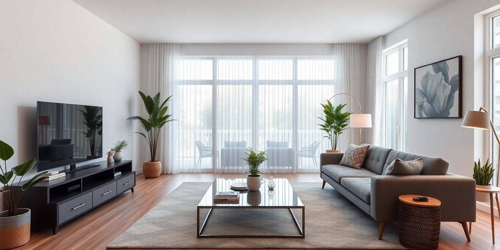 Modern living room with smart home technology and decor.