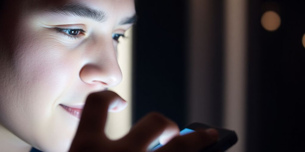 Person captivated by glowing smartphone screen in dark room.