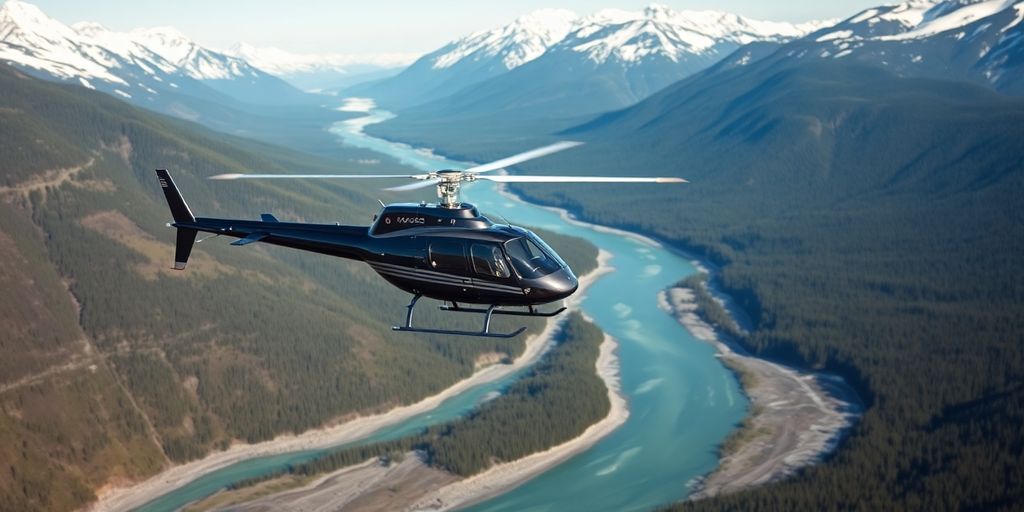 An MD 500E helicopter flies over snowy Alaskan mountains.