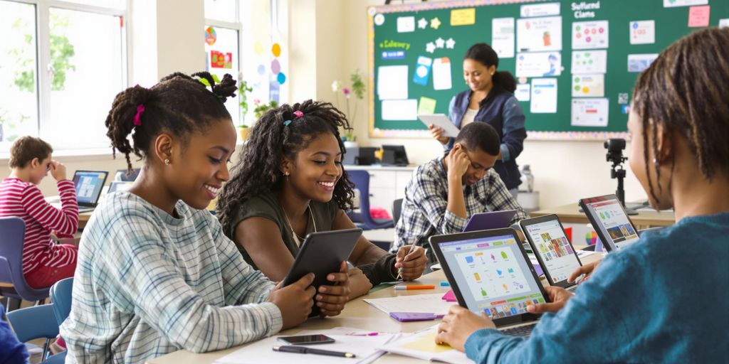 Students engaged with AI-powered personalized learning devices in class.