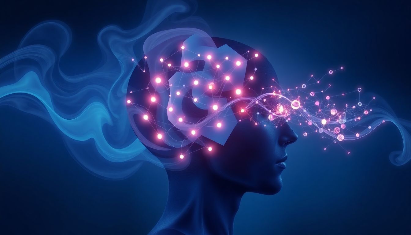 Abstract shapes forming a fragmented head with glowing, broken thought pathways.