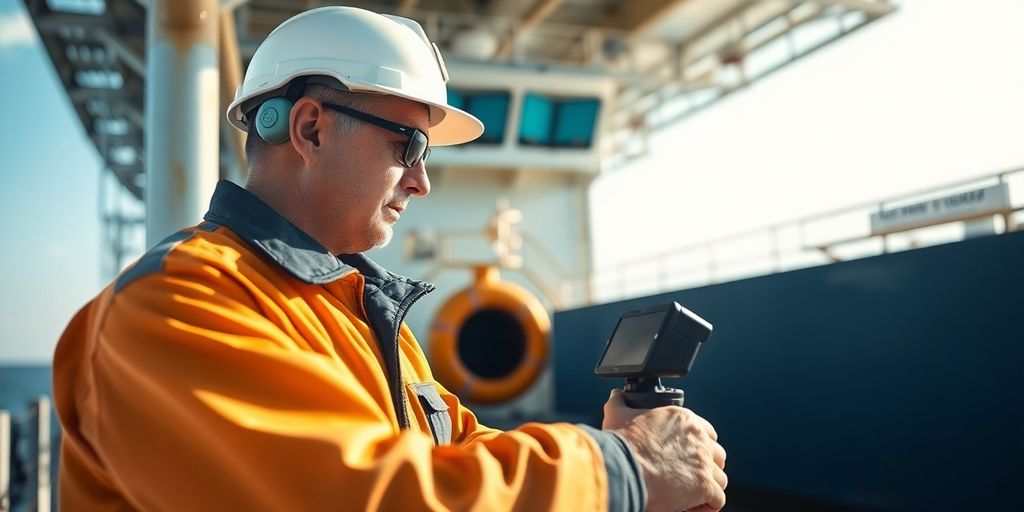 Maritime inspector evaluating a ship with technology tools.