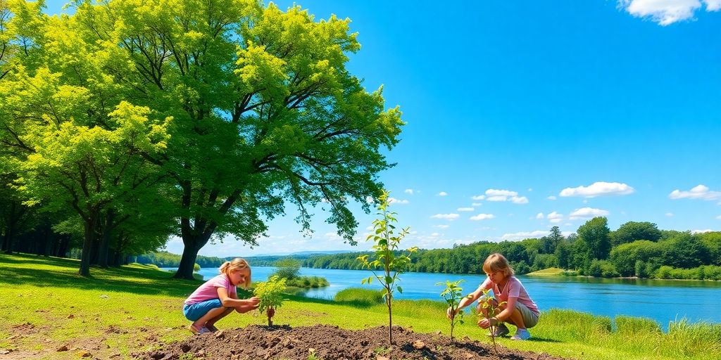 Crianças plantando árvores em um ambiente natural.