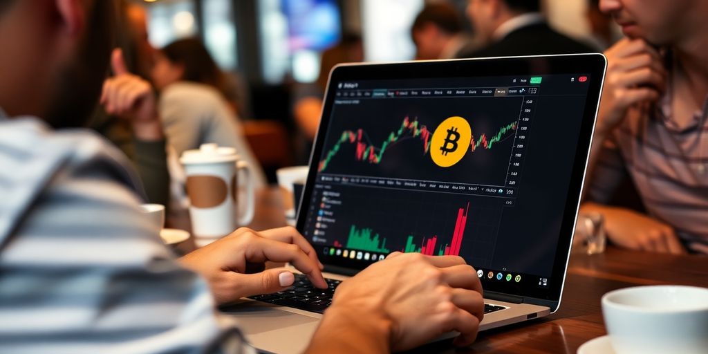 Person trading cryptocurrency on a laptop in a cafe.