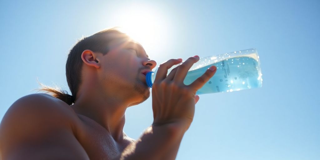 Person drinking water during exercise in sun.
