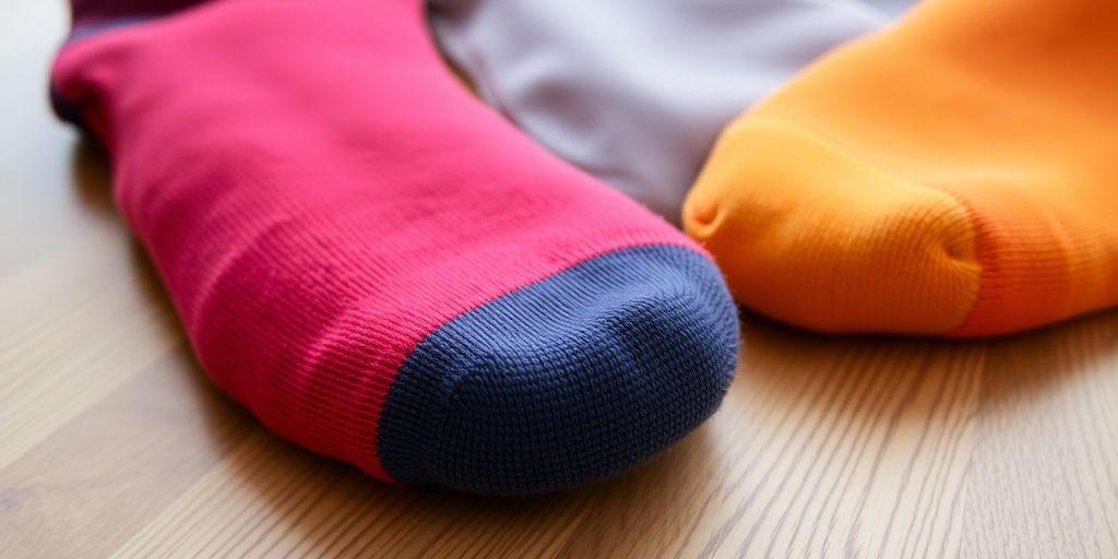 Colorful extra wide ankle socks on a wooden background.