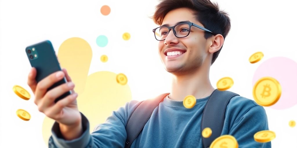 Estudante sorrindo com celular e dinheiro voando